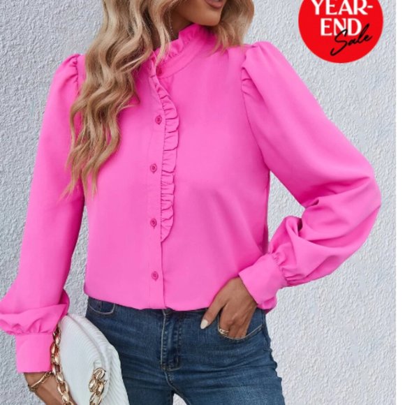 SHEIN Tops 5 For 2 Shein Neon Pink Solid Frill Trim Puff Sleeve